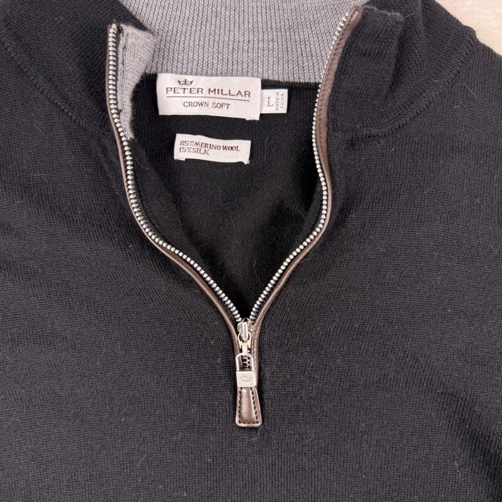 Peter Millar Crown 1/4 Zip Pullover Sweater Black Mens L Soft Merino Wool Silk - Picture 2 of 6